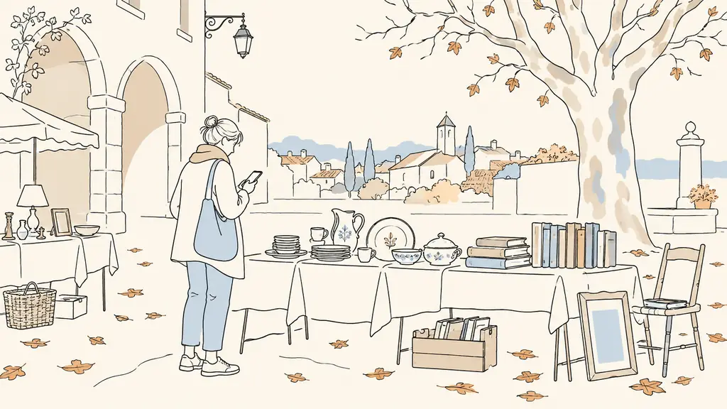 Editorial photograph of a Sunday autumn flea market in a Gers village, a visitor checking a map on a smartphone beside outdoor tables displaying second-hand crockery and books, no text, no logo