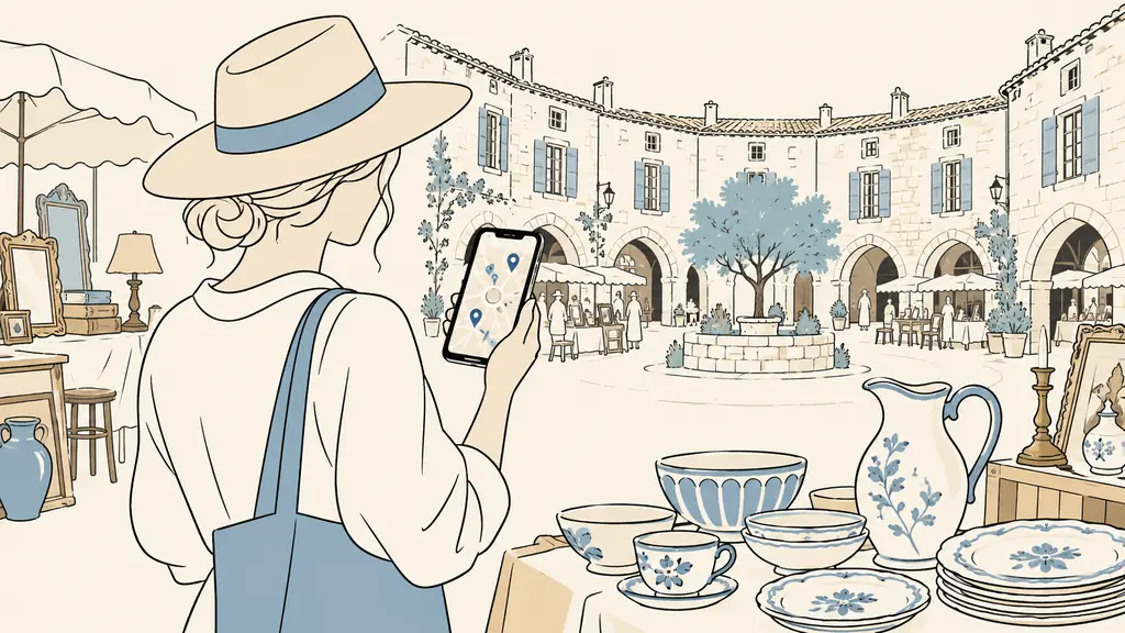 Editorial photograph of a visitor checking a geolocated flea market map on a smartphone beside antique crockery at an outdoor stall in Fourcès, stone village square in the background, no text, no logo