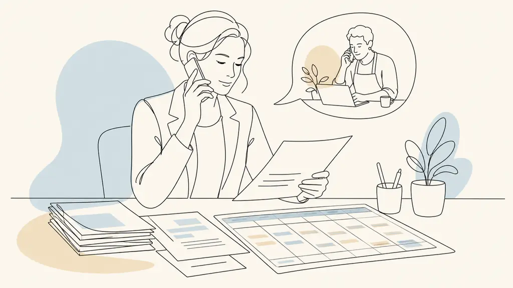 Editorial photograph of a recouvrement officer reviewing a contribution declaration and supporting documents while speaking by phone with a self-employed worker, payment schedule visible without readable text or logos