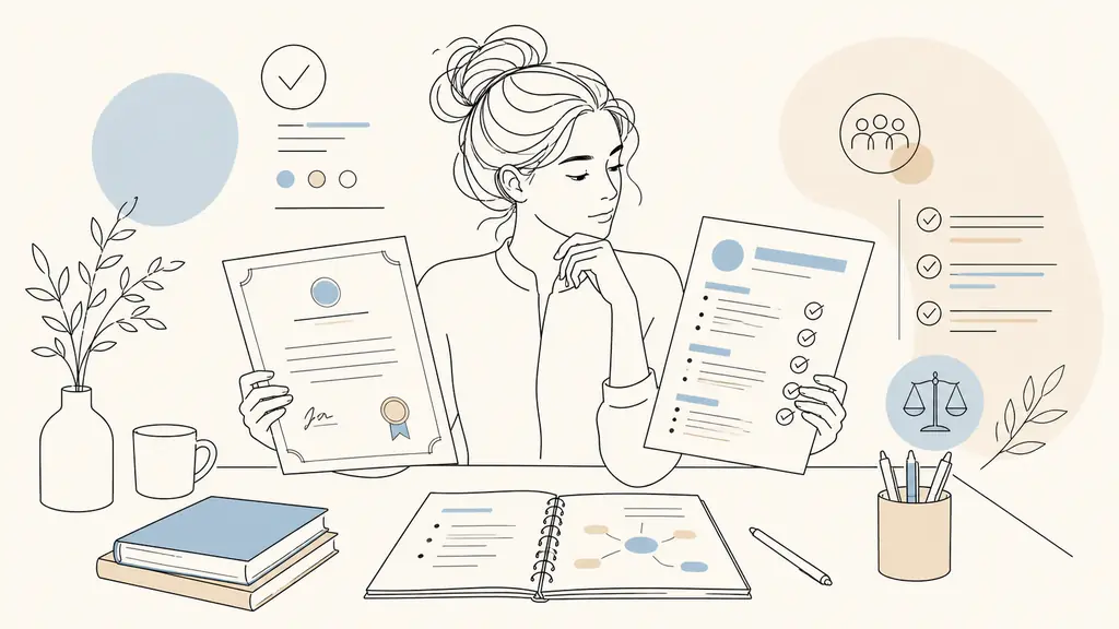 Editorial photograph of a candidate comparing a bac plus two diploma with a printed Urssaf job description, highlighting recruitment criteria beside interview preparation notes, no readable text or logos