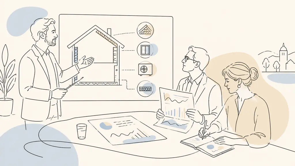 energy advisor presenting a home renovation diagram beside a municipal energy coordinator reviewing consumption charts, with a communications specialist taking notes, documentary editorial photography, no text, no logo