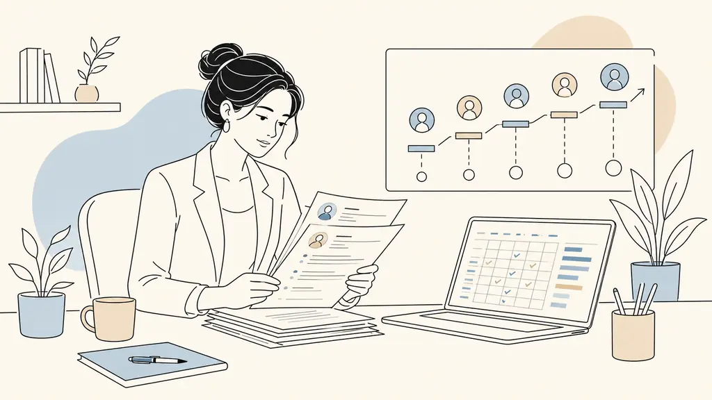 Editorial photograph of an HR professional reviewing candidate resumes beside a payroll variables spreadsheet and an employee career planning board, modern small business office, no readable text, no logo