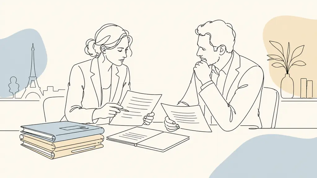 French employment lawyer reviewing an international employment contract and a fee agreement with a business owner, case file folders on the desk, editorial photography, no text, no logo