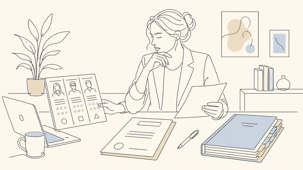 Business owner comparing a lawyer selection grid beside a fee agreement and a chronological case file, editorial photography, no text, no logo