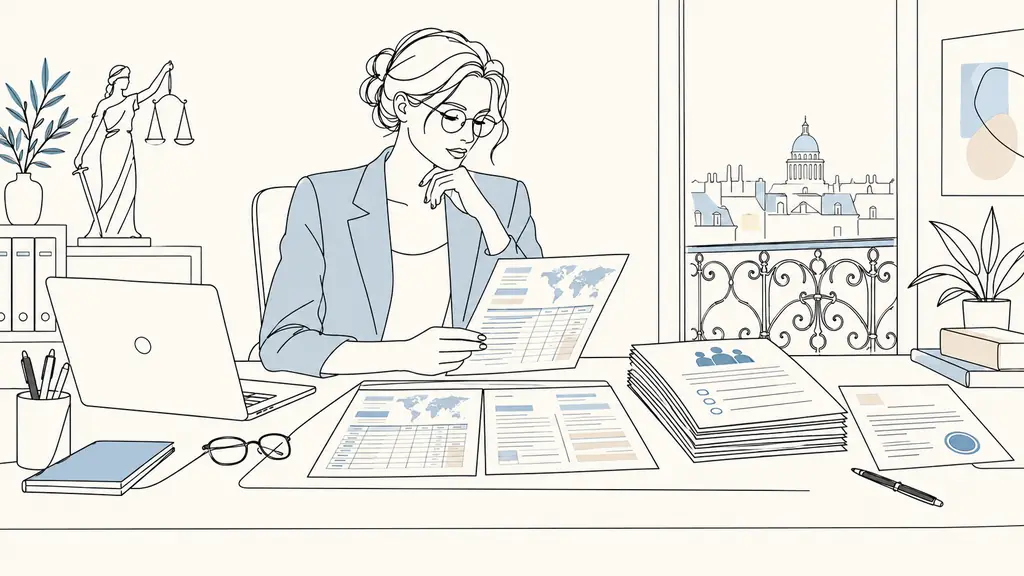 French employment lawyer reviewing an expatriate executive's international payslips beside CSE meeting minutes and a written fee agreement on a desk, editorial photography, no text, no logo