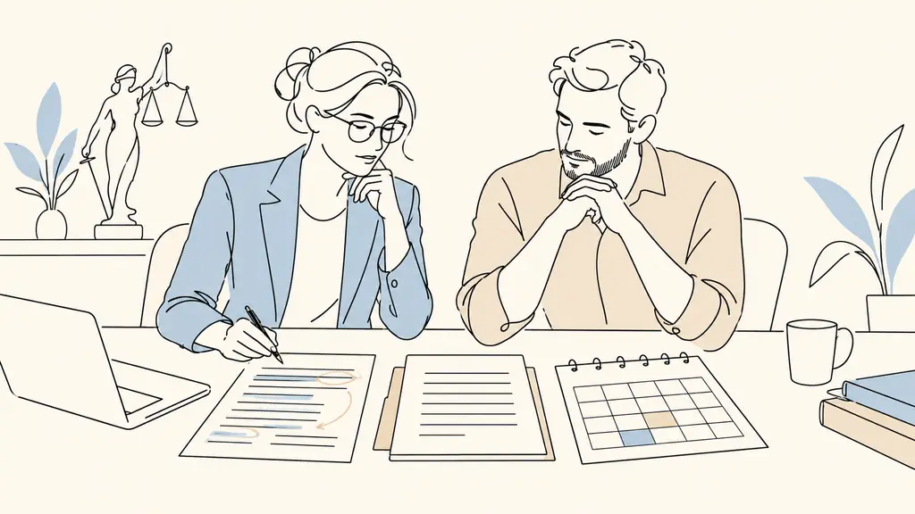 Employment lawyer and small business owner reviewing an annotated employment contract, a settlement proposal and a labor court hearing calendar on a desk, editorial photography, no text, no logo