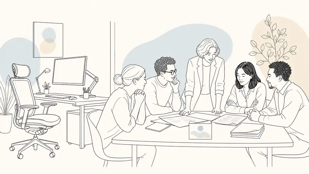 French SME manager and employees reviewing a QVCT action plan beside an ergonomic workstation, with a breathing exercise card on the table, editorial photography, no text, no logo