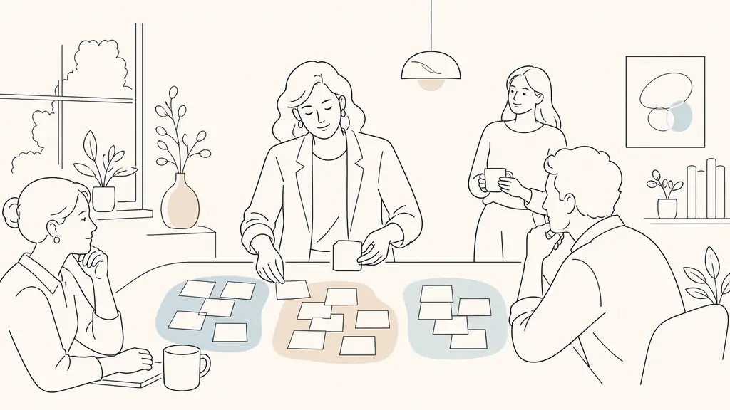 Editorial photograph of a small business HR workshop, with a manager sorting anonymous survey cards into workload, recognition and career development categories on a meeting table, natural office light, no text, no logo