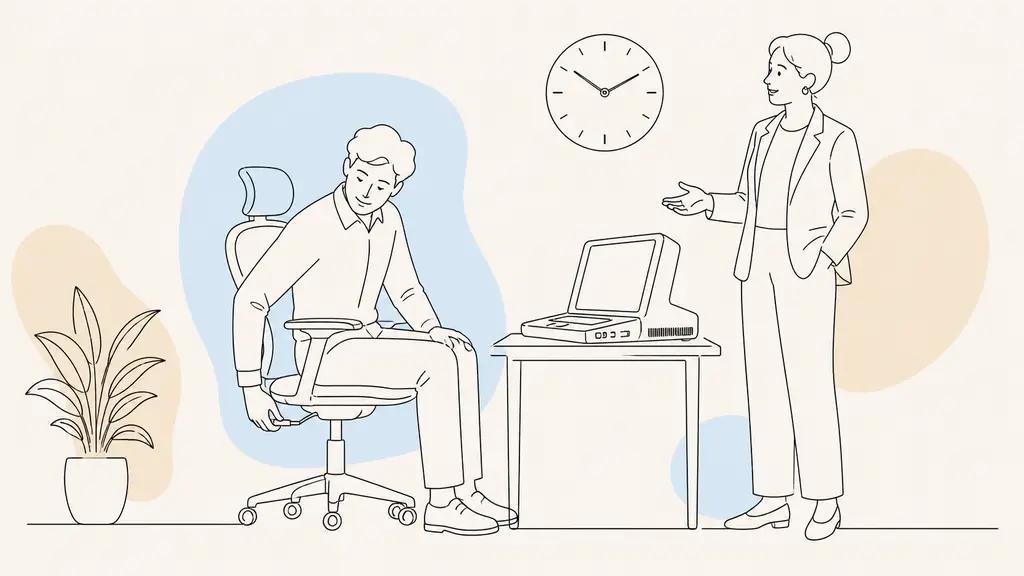Editorial photograph of an employee adjusting an ergonomic chair beside an outdated laptop while a manager listens attentively, with an analog wall clock visible