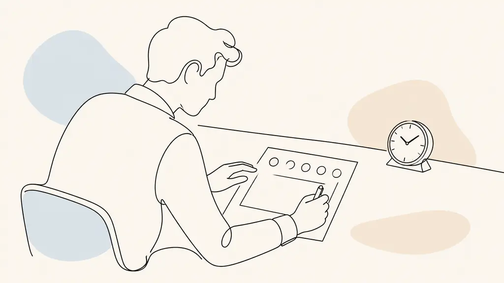 Editorial photograph of an employee completing an anonymous paper survey with rating circles, a desk clock nearby, and a blank comment box being filled in, no readable text or logo