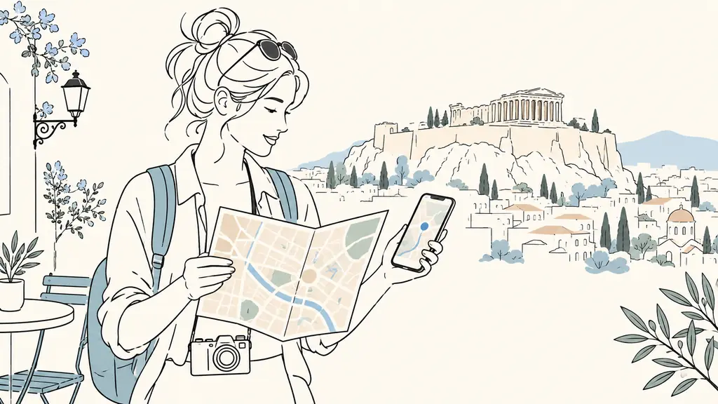 Traveler comparing a folded unlabeled Athens city map with an offline map on a smartphone, the Acropolis visible in the background, natural editorial travel photography, no text or logo