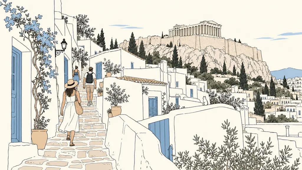 Visitors walking through the stepped lanes of Anafiotika toward the Acropolis, with stone houses and the Parthenon visible above, natural editorial travel photography, no text or logo