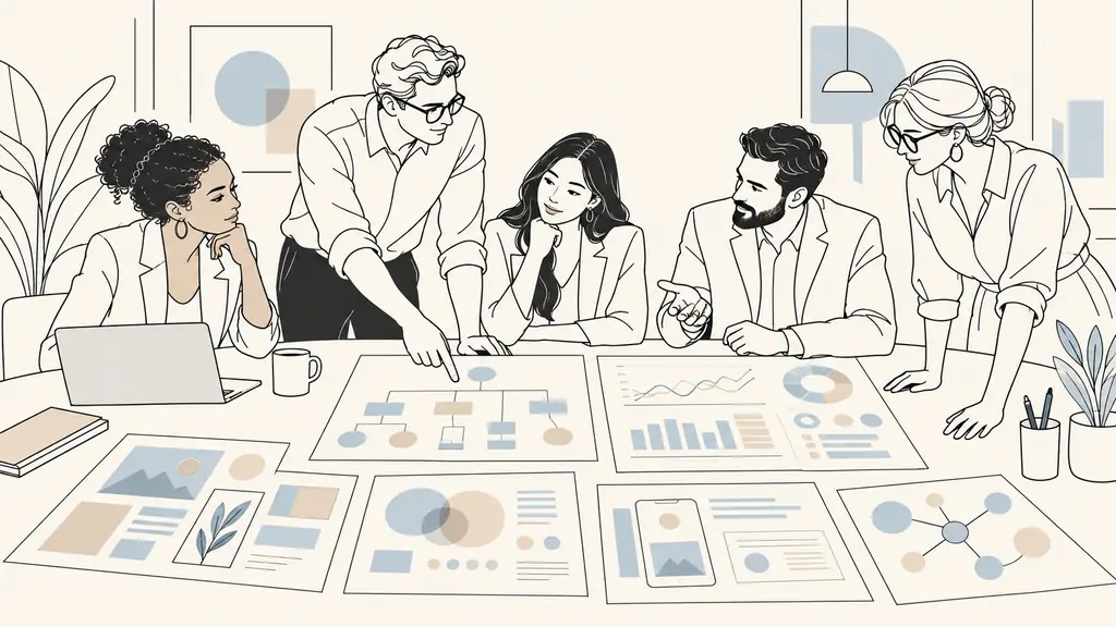 Executive team reviewing a printed organizational chart and an operational KPI dashboard beside marketing campaign mockups on a conference table, editorial corporate photography, no visible text or logos