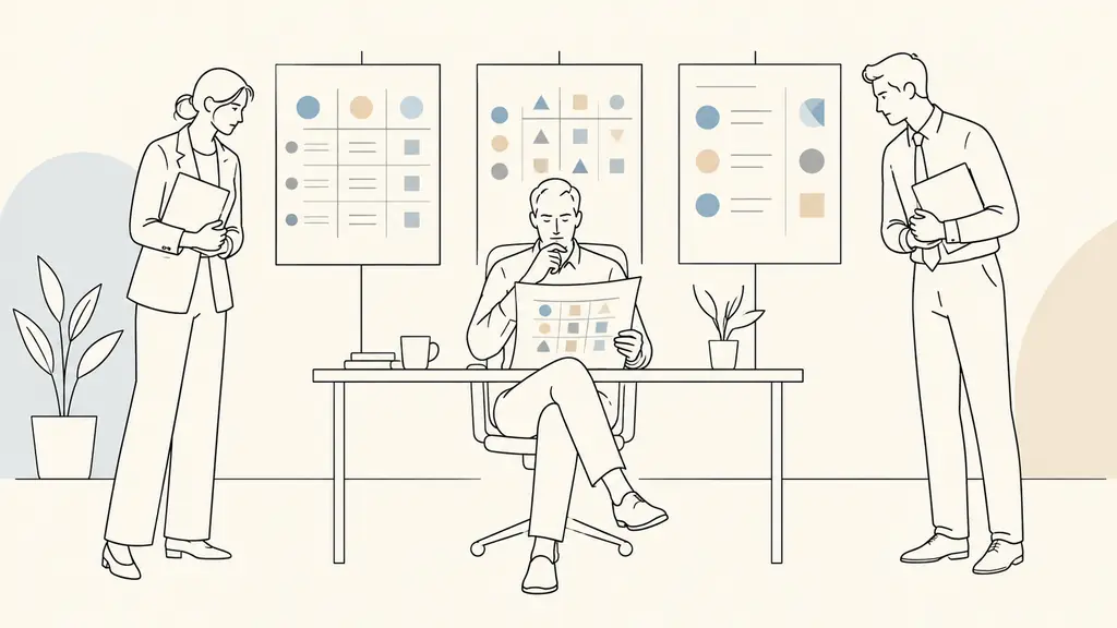 Small business owner reviewing a responsibility matrix beside three project boards while two managers wait for an arbitration decision, editorial corporate photography, no visible text or logos