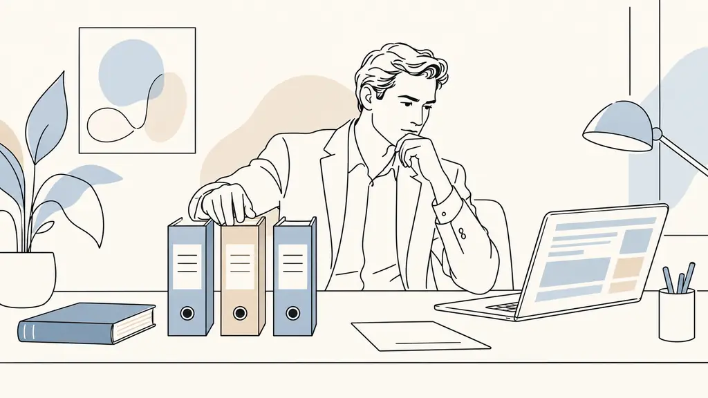 French small business manager at a desk selecting the middle folder from three separate employee-category binders while comparing it with an official collective agreement database on a laptop, third reference volume beside him, no visible text or logo