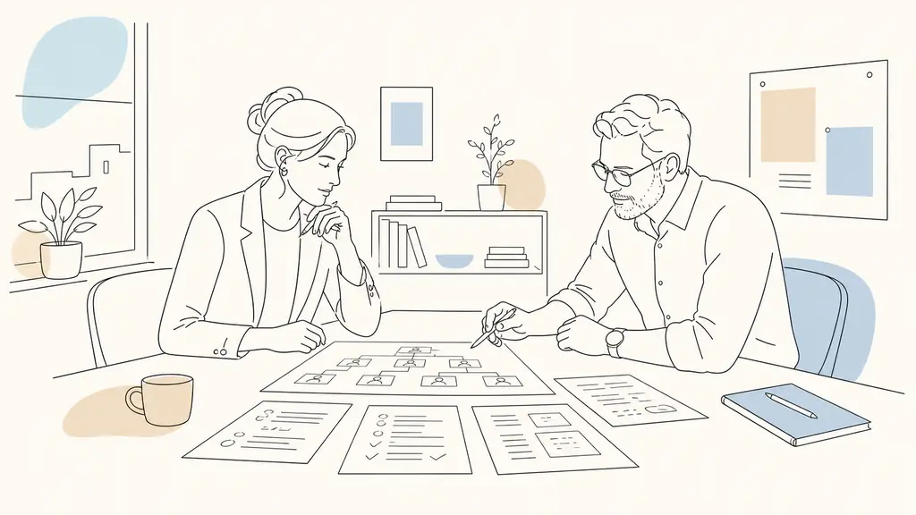 Editorial photograph of an HR manager in a small company reviewing an organizational chart and handwritten interview notes with the company director across a meeting table, natural office light, no visible text or logos