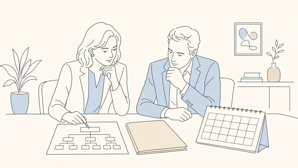 Editorial photograph of an HR director and a small company CEO examining an unlabeled organizational chart, a recruitment budget folder and a management committee calendar on a meeting table, natural office light, no visible text or logos