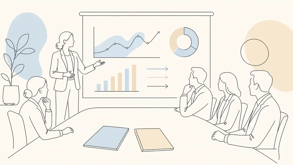 Editorial photograph of an HR director presenting a turnover dashboard to company executives while a CSE meeting agenda and collective agreement rest on the conference table, no text, no logo