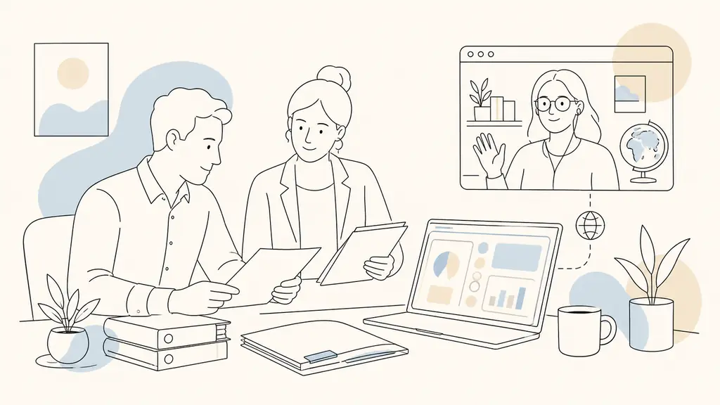 Editorial photograph of a small-company manager reviewing payroll files with an HR generalist beside a simple HR software dashboard, while a video call connects an international HR colleague, no text, no logo