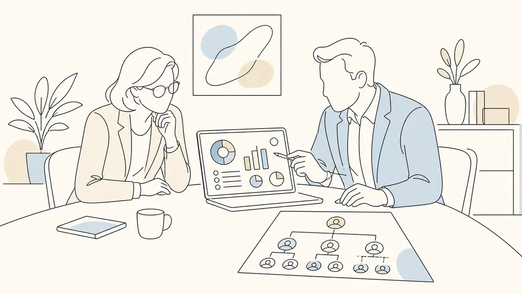 Editorial photograph of an HR director reviewing a payroll dashboard and a succession planning chart with a manager in a small company meeting room, no visible text or logos