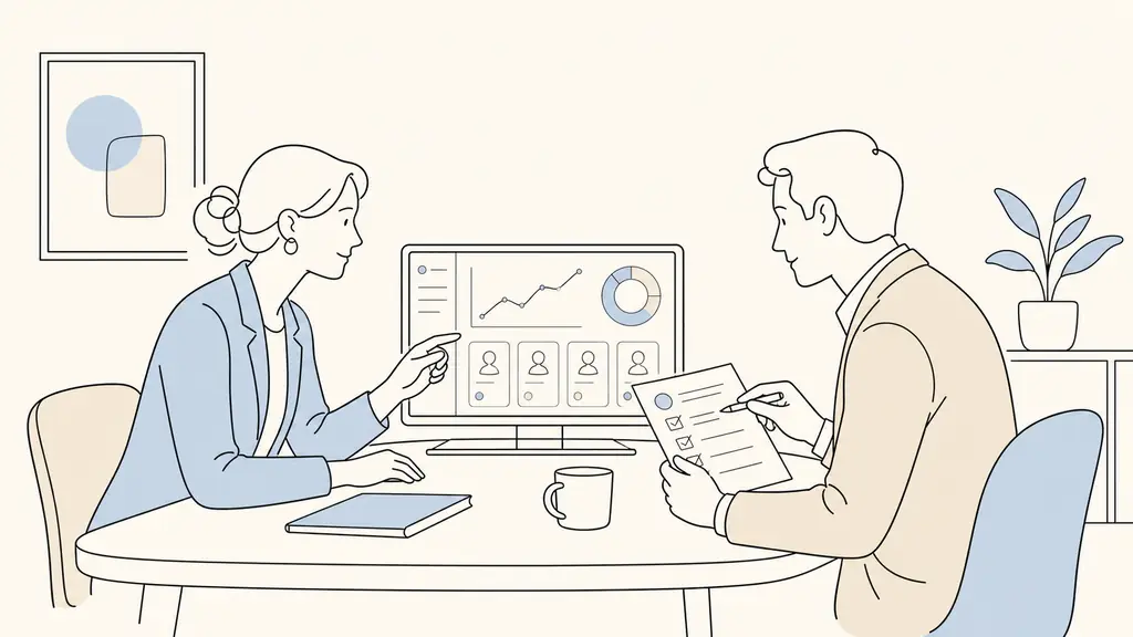 HR director reviewing a recruitment dashboard and onboarding checklist with a manager in a small company meeting room, editorial photography, no visible text, no logo
