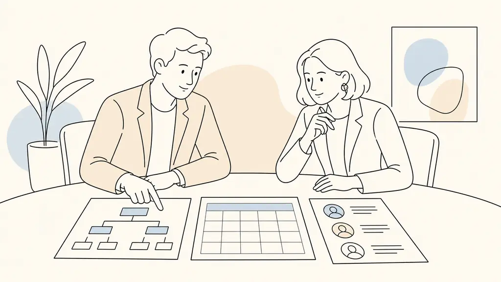 Small business owner comparing an organizational chart, a payroll calendar and a recruitment plan with an HR manager in a meeting room, editorial photography, no visible text, no logo