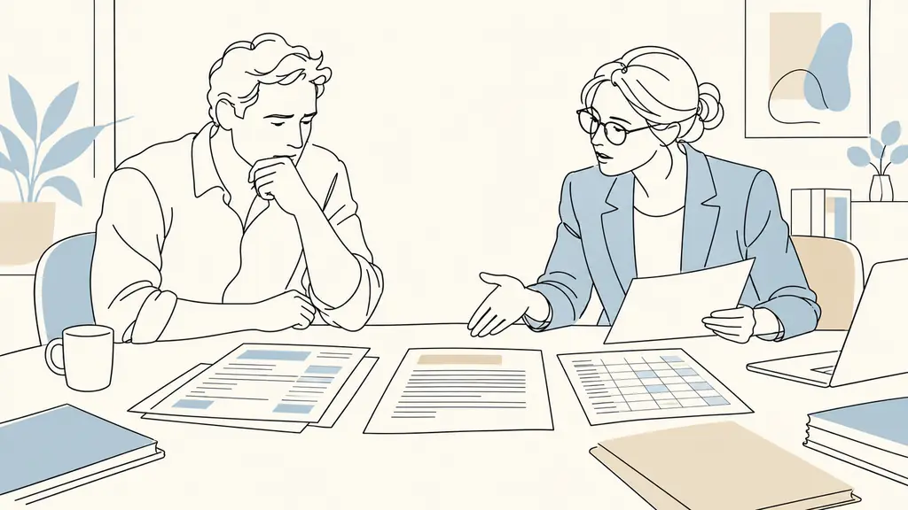 French small business owner reviewing payslips, a disciplinary letter and printed time logs with a labor lawyer across a meeting table, editorial photography, no readable text, no logo