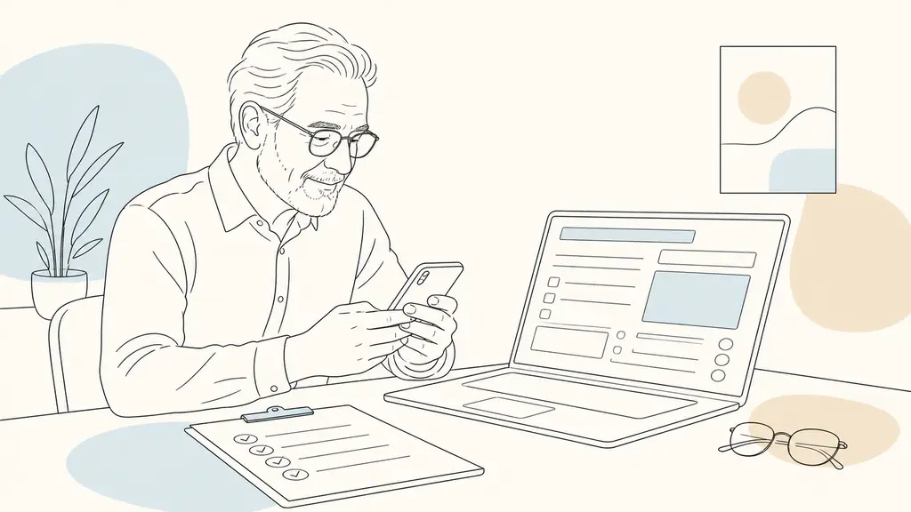 Editorial photograph of a senior candidate using a smartphone beside a laptop displaying a job listing form, with a handwritten skills checklist and reading glasses on the desk, no visible text or logos