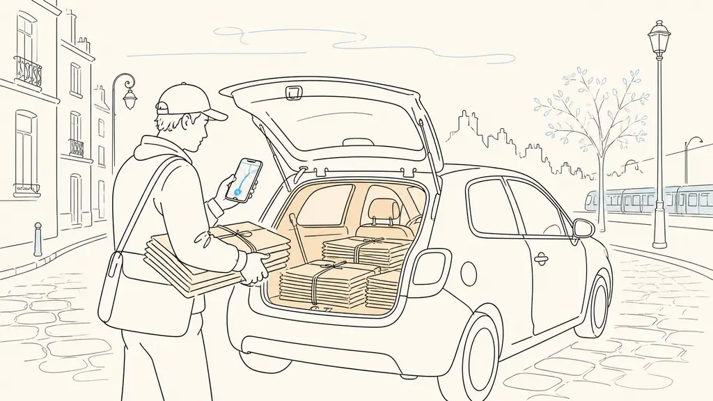 Early-morning newspaper carrier in Nantes loading bundled newspapers into a small car while checking a route guidance app before a 5 a.m. shift
