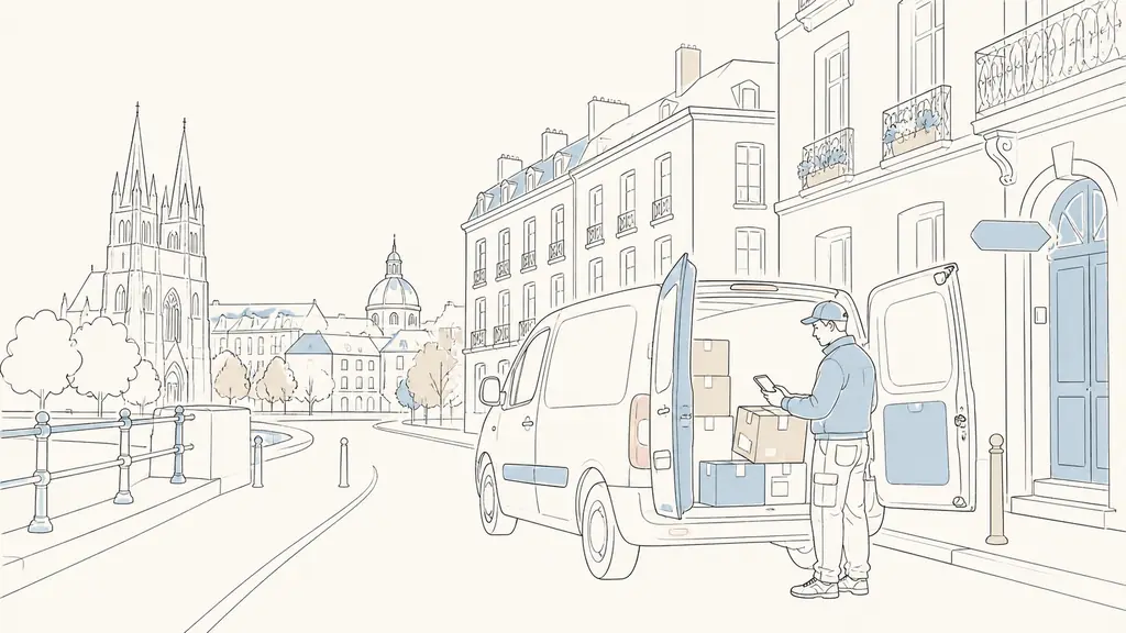 Delivery driver loading parcels into a small van on a Nantes street while checking the route before a Saturday morning shift