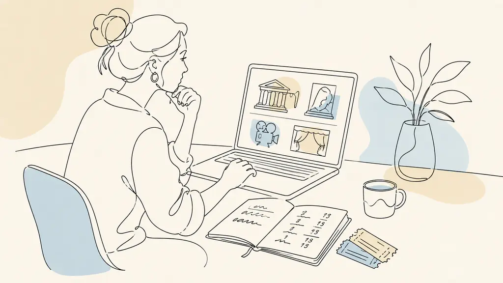 employee at a desk checking cultural and leisure ticket options on a laptop, personal notebook open with a handwritten budget calculation, cinema tickets beside the keyboard, no visible text or logo