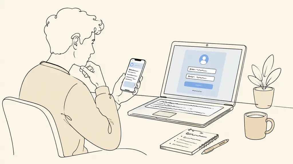 new member seated at a desk comparing an invitation email on a smartphone with a login page on a laptop, handwritten note recording the attempt date beside the keyboard, no visible text or logo