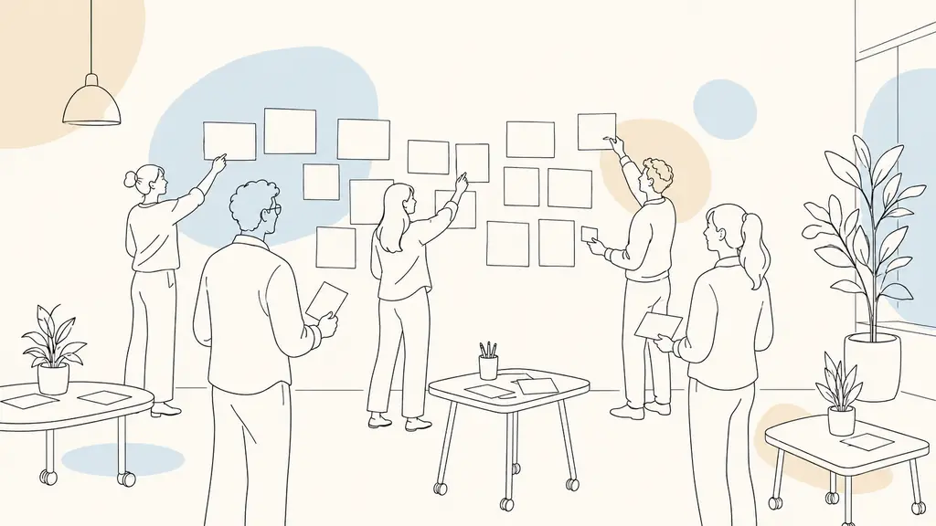 Employees arranging idea cards on a writable wall beside small movable tables in a flexible company workshop room, editorial photography, no text, no logo