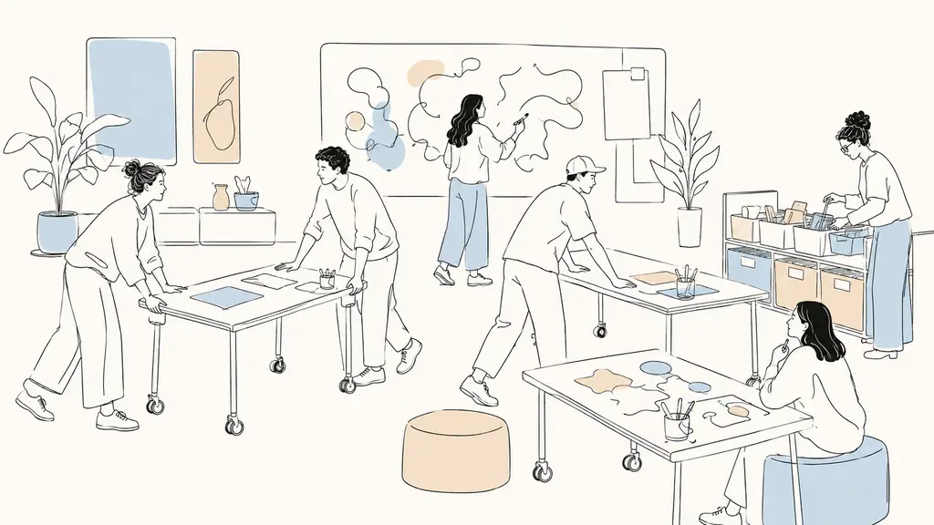 Team members testing lightweight movable tables, writing on a wall-mounted board and using labeled supply bins in a creative workshop room, editorial photography, no text, no logo