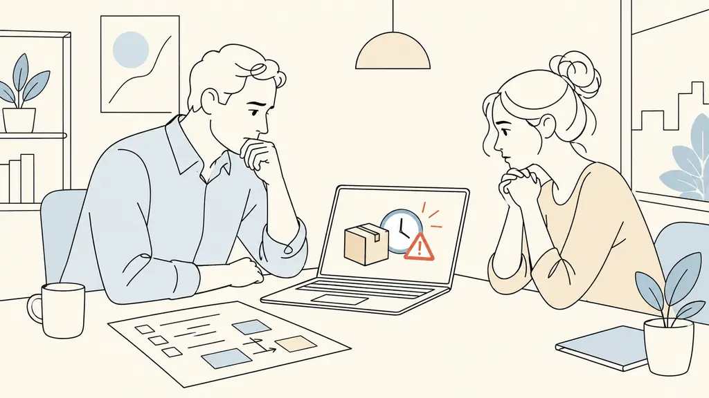 Editorial photograph of a small business manager at a desk facing an employee, looking at a delayed delivery alert on a laptop beside a planning sheet, with tense hands and a focused expression, no text, no logo
