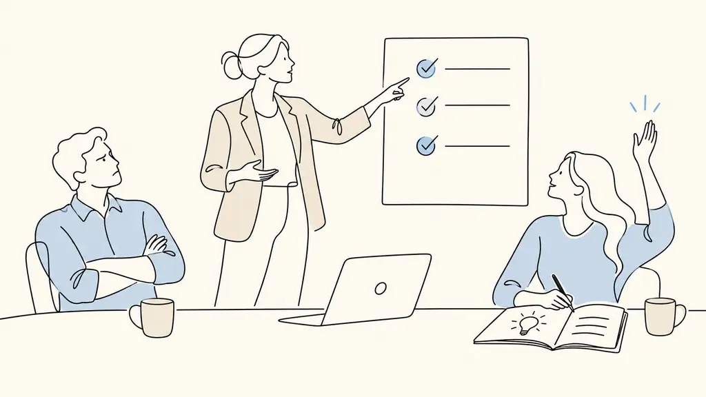 Editorial photograph of a small team meeting where a manager points to a rule checklist, one employee sits with crossed arms, and another raises a hand beside a notebook of new ideas, no text, no logo