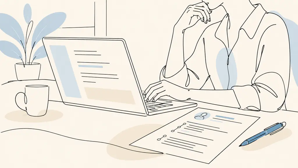 Close-up editorial photograph of a person personalizing a job application on a laptop beside a printed CV and a blue signing pen, natural office light, no visible text or logos