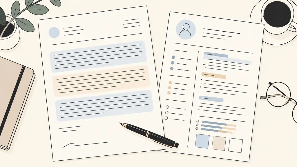 Editorial photograph of a printed application letter divided into three highlighted paragraph blocks, with a contact header, a CV placed beside it and a pen resting near the signature area, no visible text or logos