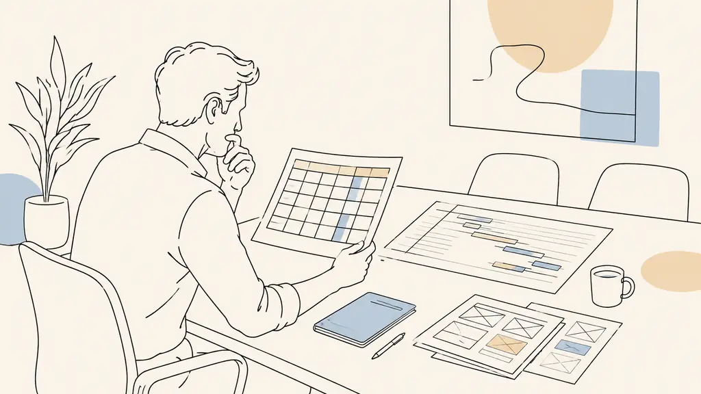 project manager reviewing a printed RACI matrix beside a Gantt calendar and wireframe sketches on a meeting table, editorial photography, no visible text or logos