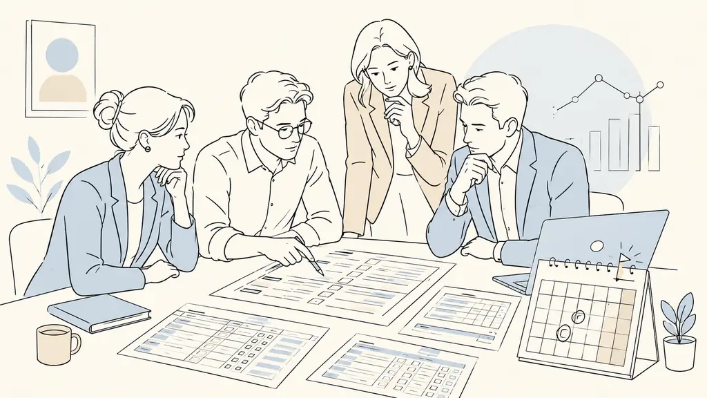 finance team checking a SAP migration checklist beside printed master data tables and a calendar marked for year-end closing, editorial photography, no visible text or logos