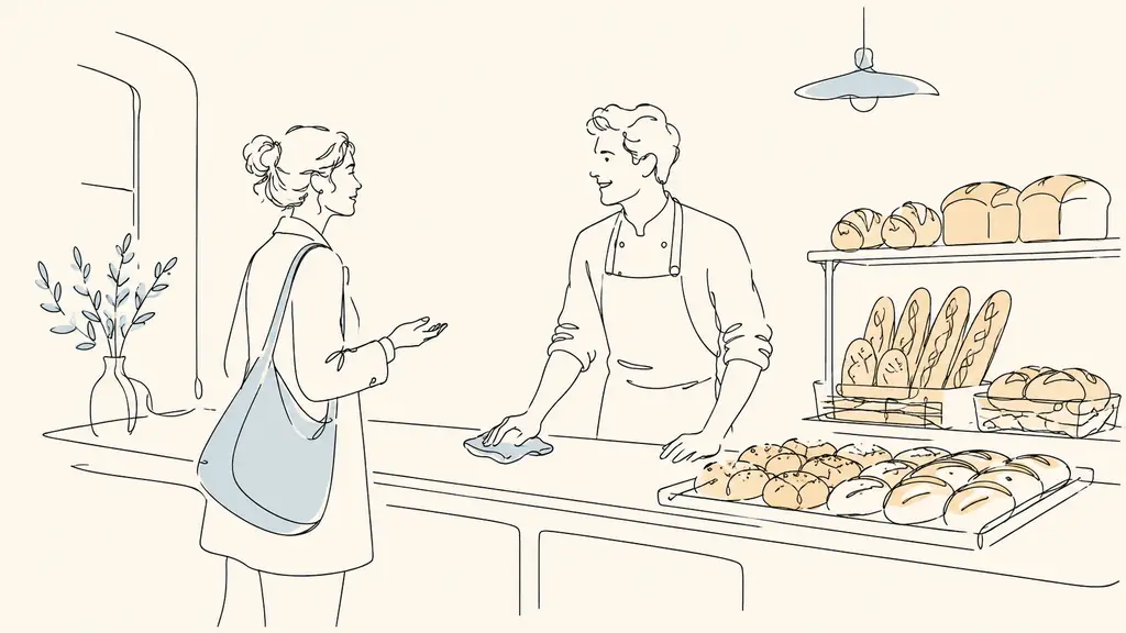 Early-morning bakery counter with a job candidate speaking to the baker, fresh bread trays nearby and the counter being carefully cleaned