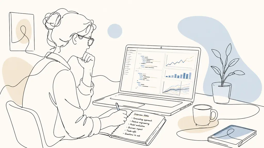 Data scientist reviewing a Python notebook and a sales forecasting dashboard while preparing handwritten interview notes