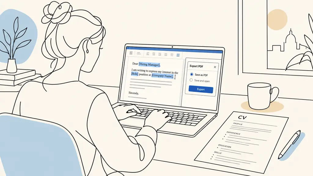 Editorial photograph of a job applicant replacing bracketed fields in a Word cover letter, with a printed CV and a PDF export dialog visible on the laptop