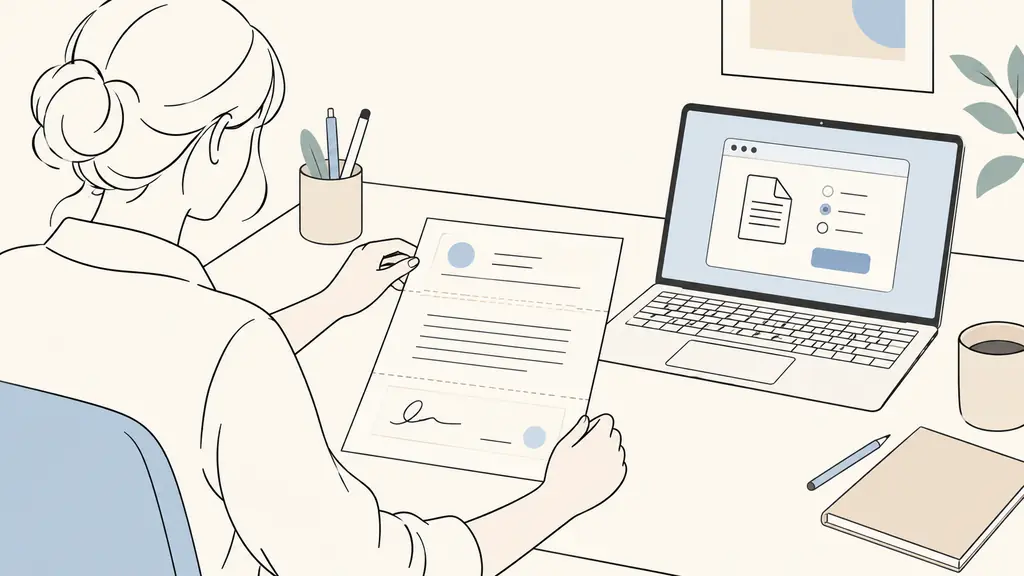 Editorial photograph of a candidate arranging a one-page cover letter into clearly separated header, body and signature sections beside a laptop showing a PDF export window, no visible text or logo