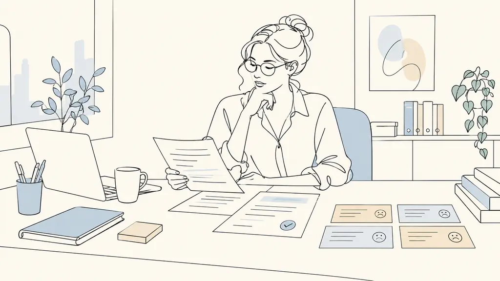 Small business manager reviewing a supplier invoice beside an approved purchase request and color-coded customer complaint cards, realistic editorial office photography, no visible text or logos