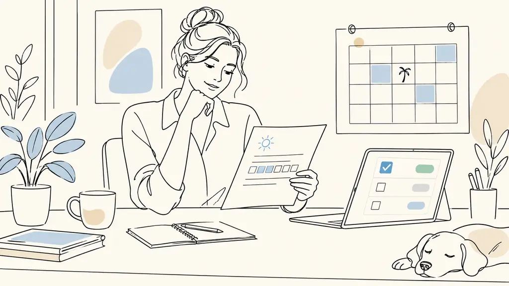Small business manager reviewing a leave request form beside a shared team calendar and a digital approval screen, realistic editorial office photography, no visible text or logos