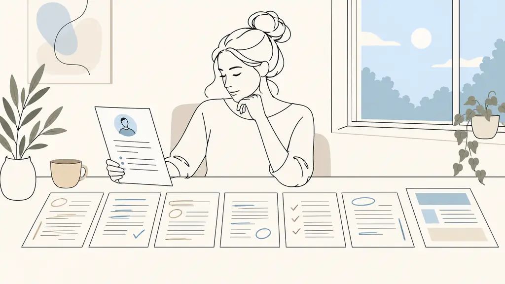 Editorial photograph of a small business owner comparing a printed CV with six annotated application letter drafts, beside a job offer reference sheet, natural office light, no readable text, no logo