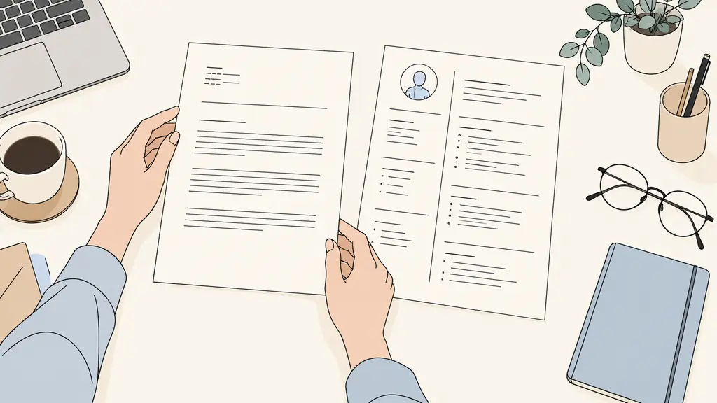 Editorial photograph of a candidate arranging contact details, an object line and three short paragraph blocks on a one-page application letter, with a CV beside it, natural desk light, no readable text, no logo