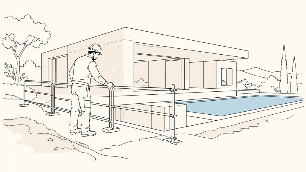 French mason inspecting safety barriers beside the concrete structure of a contemporary villa with an integrated swimming pool, editorial photography, no text, no logo