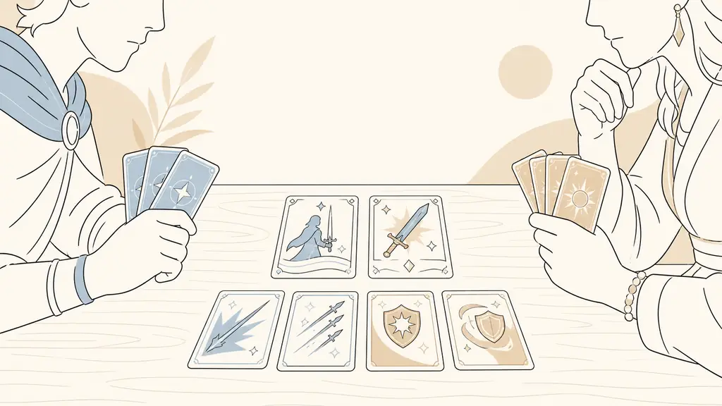 Close-up editorial photograph of two players facing each other across a wooden table, one hero card beside a fantasy weapon card and several action cards arranged for attack and defense, dramatic warm lighting, no visible text or logos